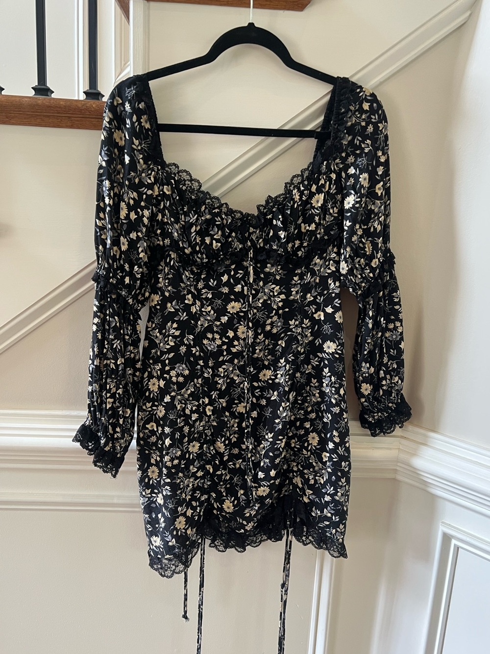 Black Floral Lace-Trim Long Sleeve Mini Dress